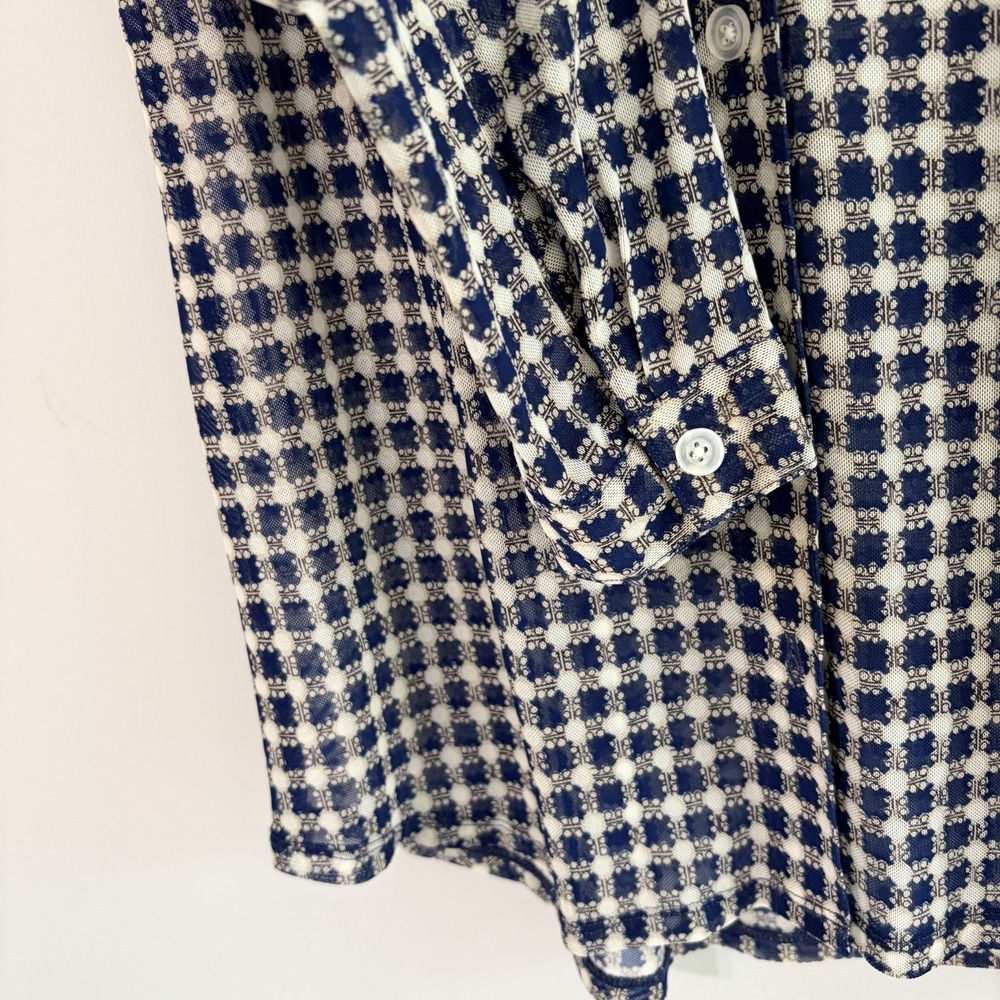 Cabi Blue White Mesh Top Check Print Sheer Long Sleeve Collar Size S - Picture 4 of 5